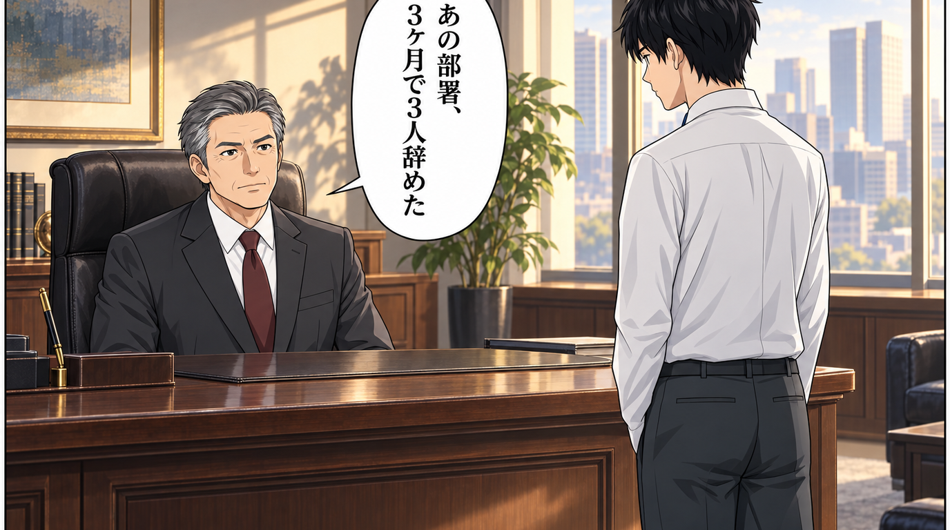 社長室で険しい表情の社長から『あの部署は3ヶ月で10人中3名が退職した』と告げられる人事の山田君（コマ1）