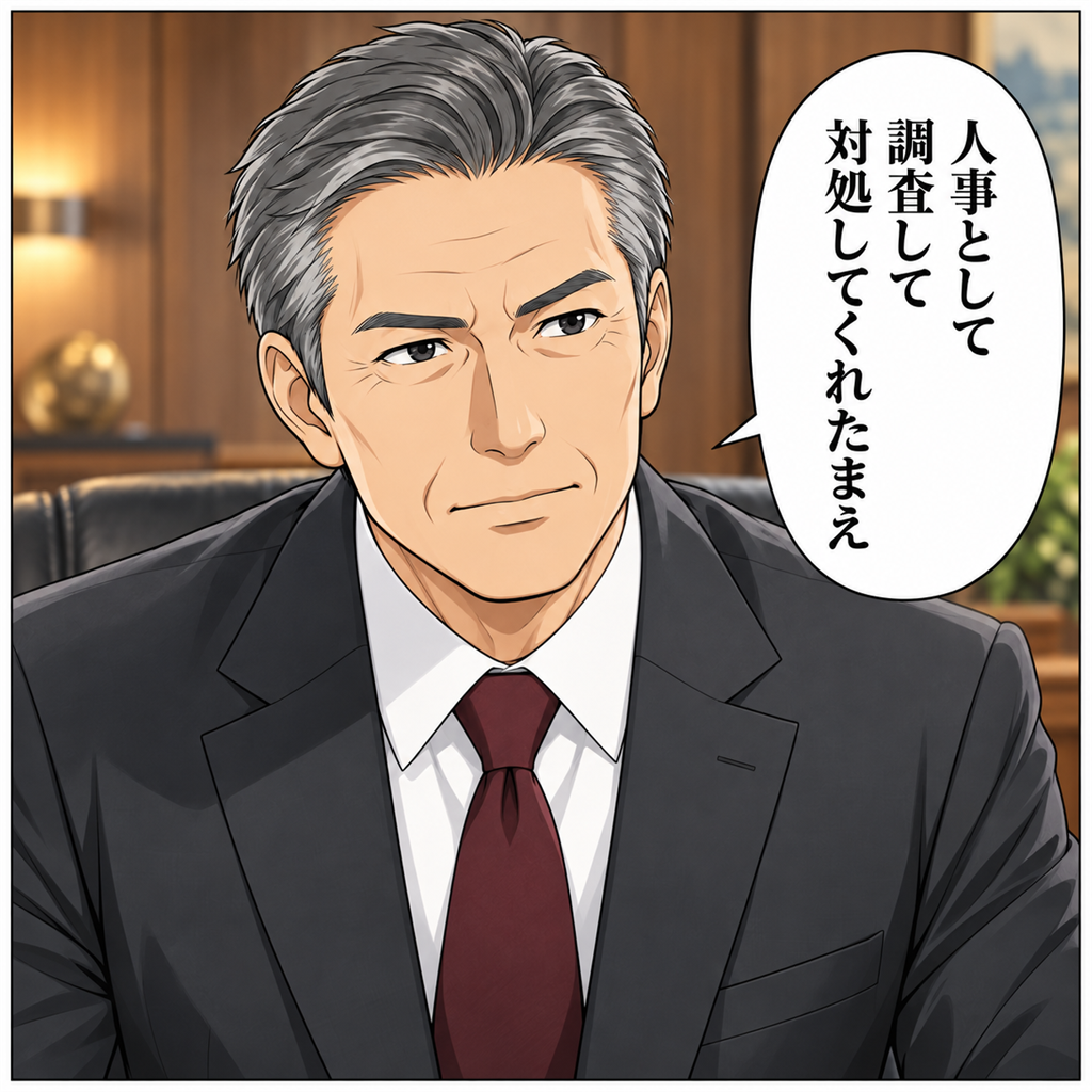 社長『人事として調べて、何とかしろ』直立して聞く30代人事の山田君（コマ2）