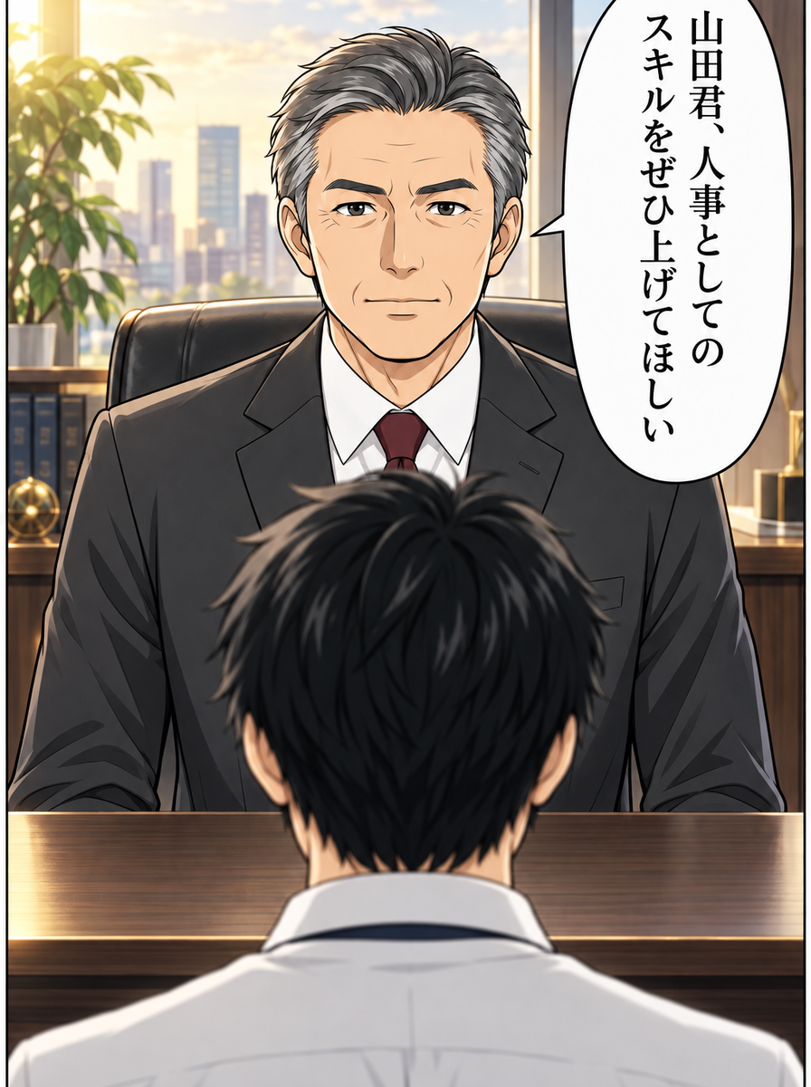 社長室を出て一人『どうしよう…』と困惑する山田君（コマ4）
