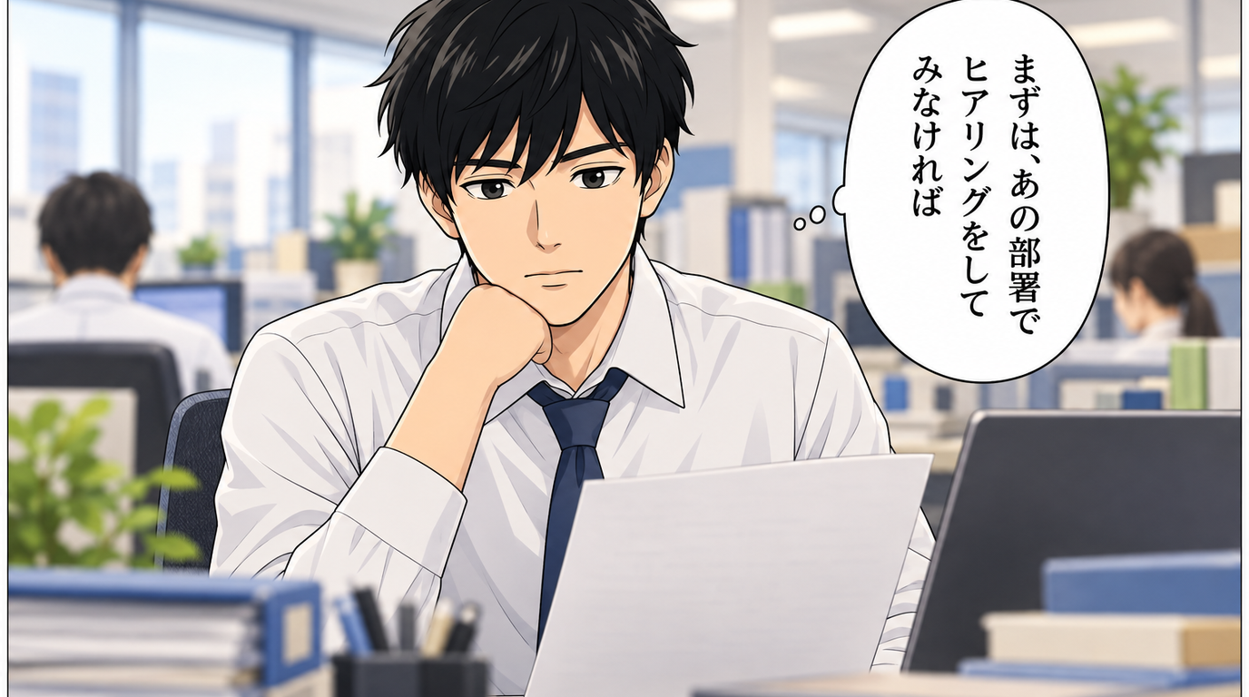 対象部署でヒアリング、若手社員が困った表情で山田君に打ち明ける（コマ1）