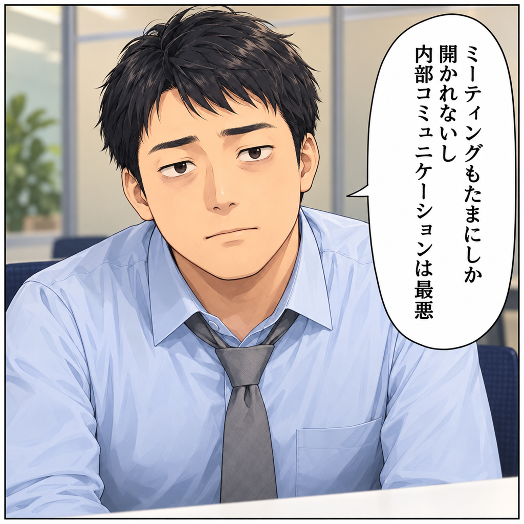 社員『リーダーの言うことがコロコロ変わる』『定期ミーティングもない』と訴える（コマ2）