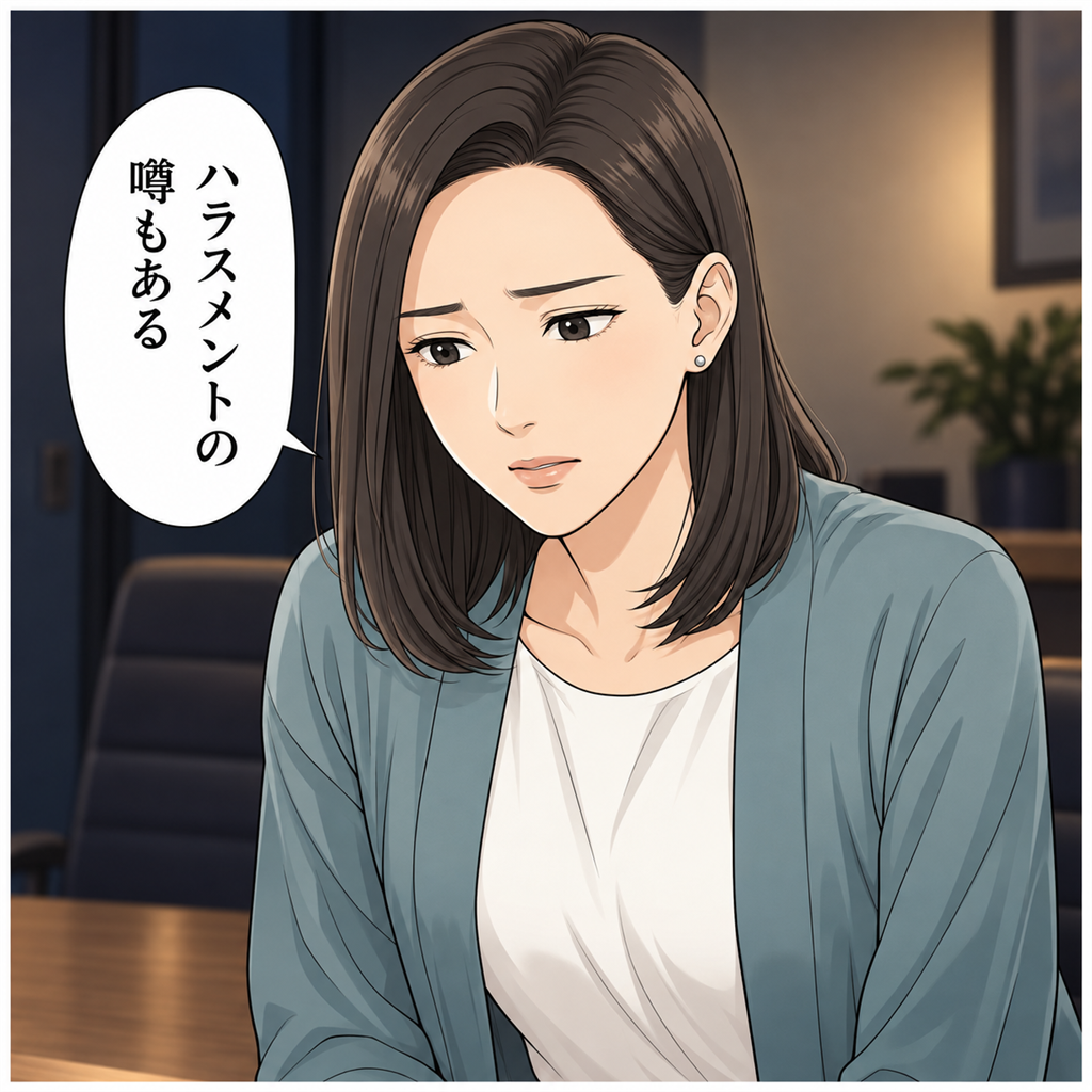 廊下で先輩から『ハラスメントの噂もあるらしい』と耳打ちされ眉をひそめる山田君（コマ3）