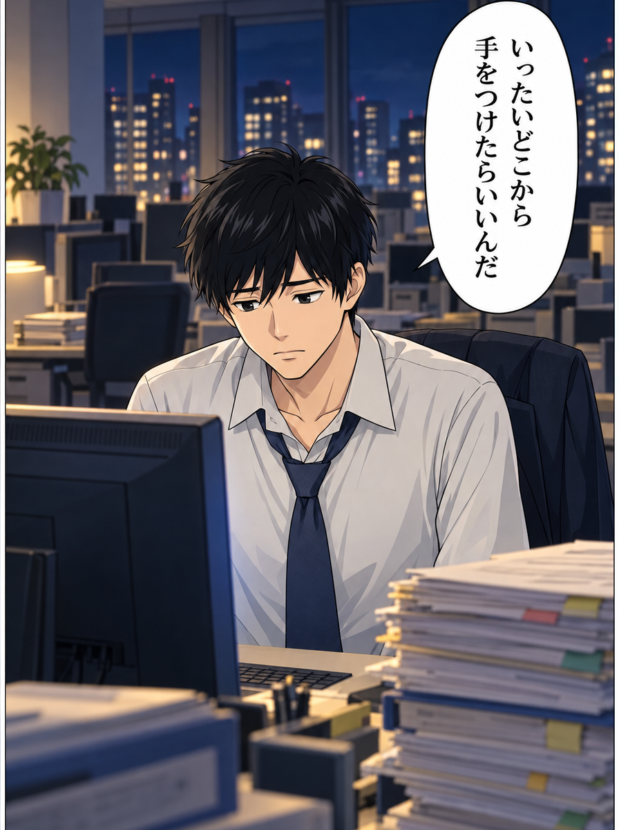 自席で頭を抱える山田君『要素が絡まりすぎて、どこから手をつけたら…』（コマ4）