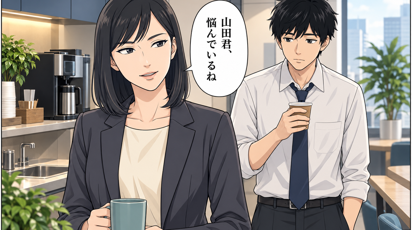 オフィスの休憩スペースで3年先輩の女性社員が『悩んでいるね…』と声をかける（コマ1）