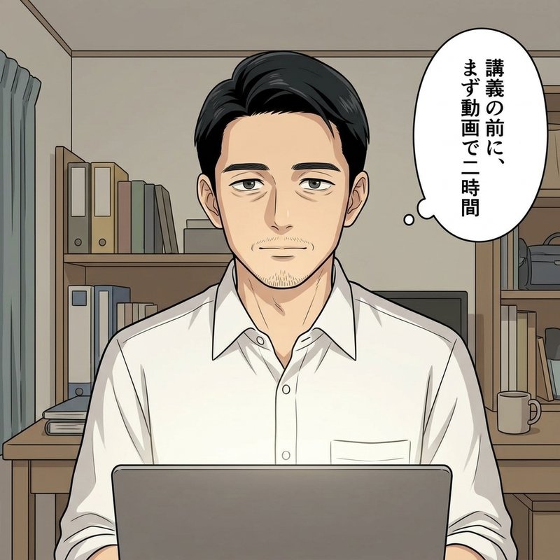 オンライン講義の画面、少人数7名の受講生（定員12名）が並ぶ『少人数だな』と気づく山田君（コマ1）