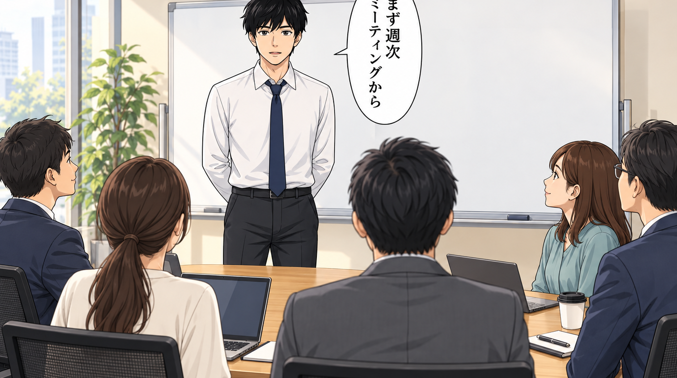 部署の会議で、週次ミーティングの立ち上げを提案する山田君。学んだ手法を翌週から実装する（コマ1）