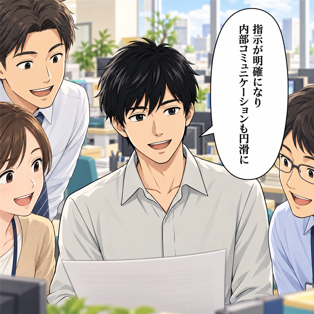 部署の若手社員が『話せる場ができた』と変化を実感する表情（コマ2）