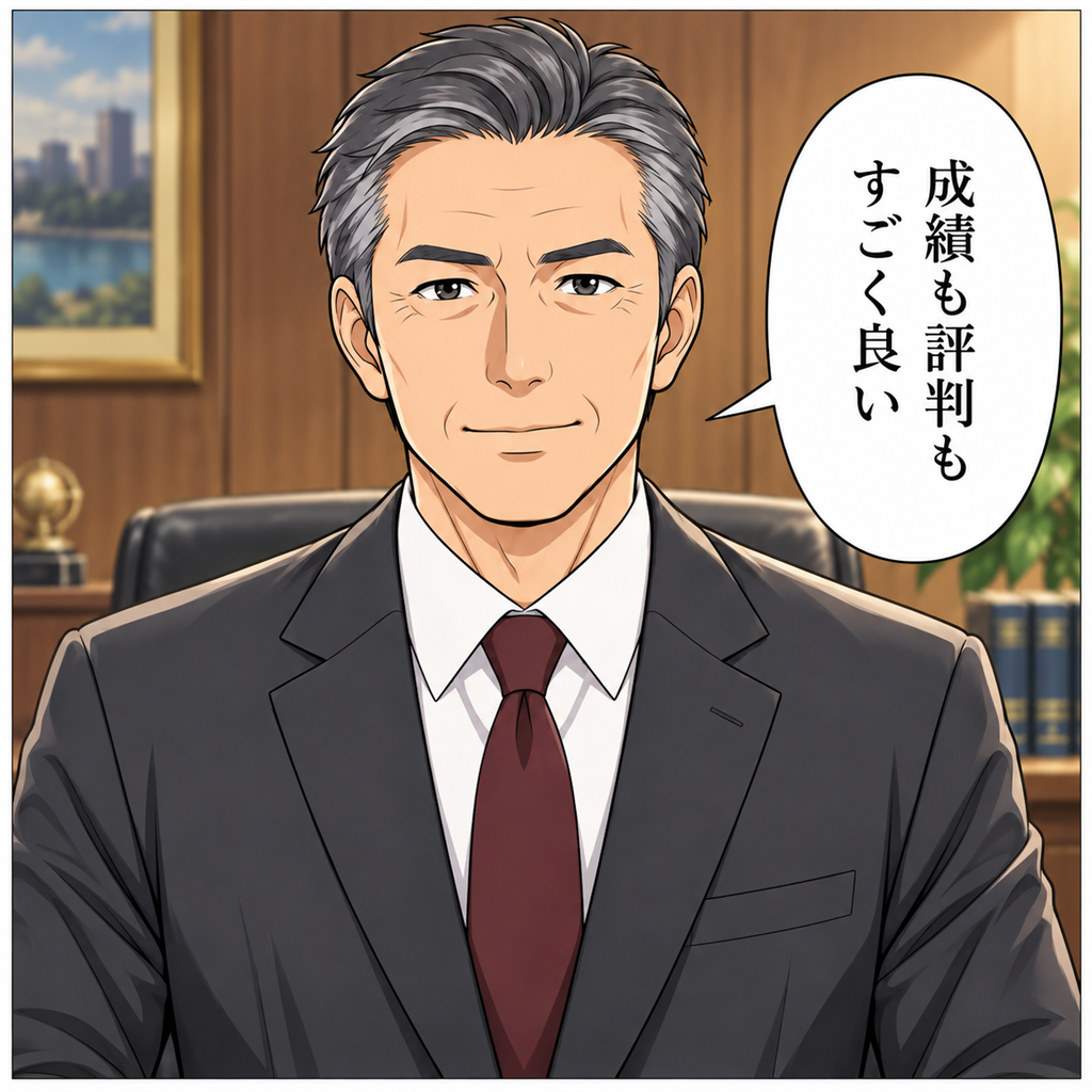 社長室で笑顔の社長から『あの部署の雰囲気も成績もすごく良くなった。君よくやったね』と称賛される山田君（コマ3）