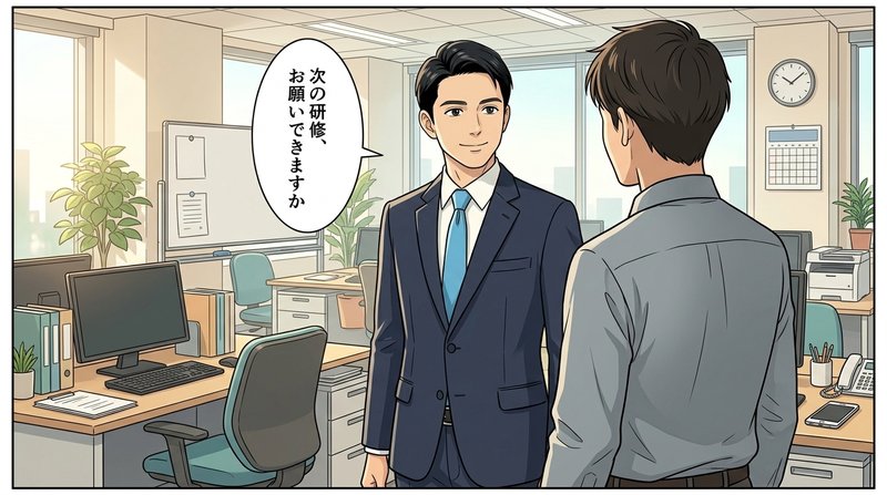 自席で満足げに書類に目を落とす山田君『すごく自信がついた』（コマ1）