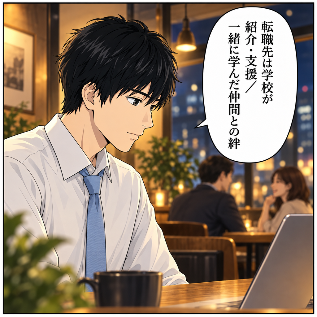 組織キャリア開発フォーラムの仲間の存在を思い浮かべる山田君。一人ではなくネットワークがある心強さ（コマ3）