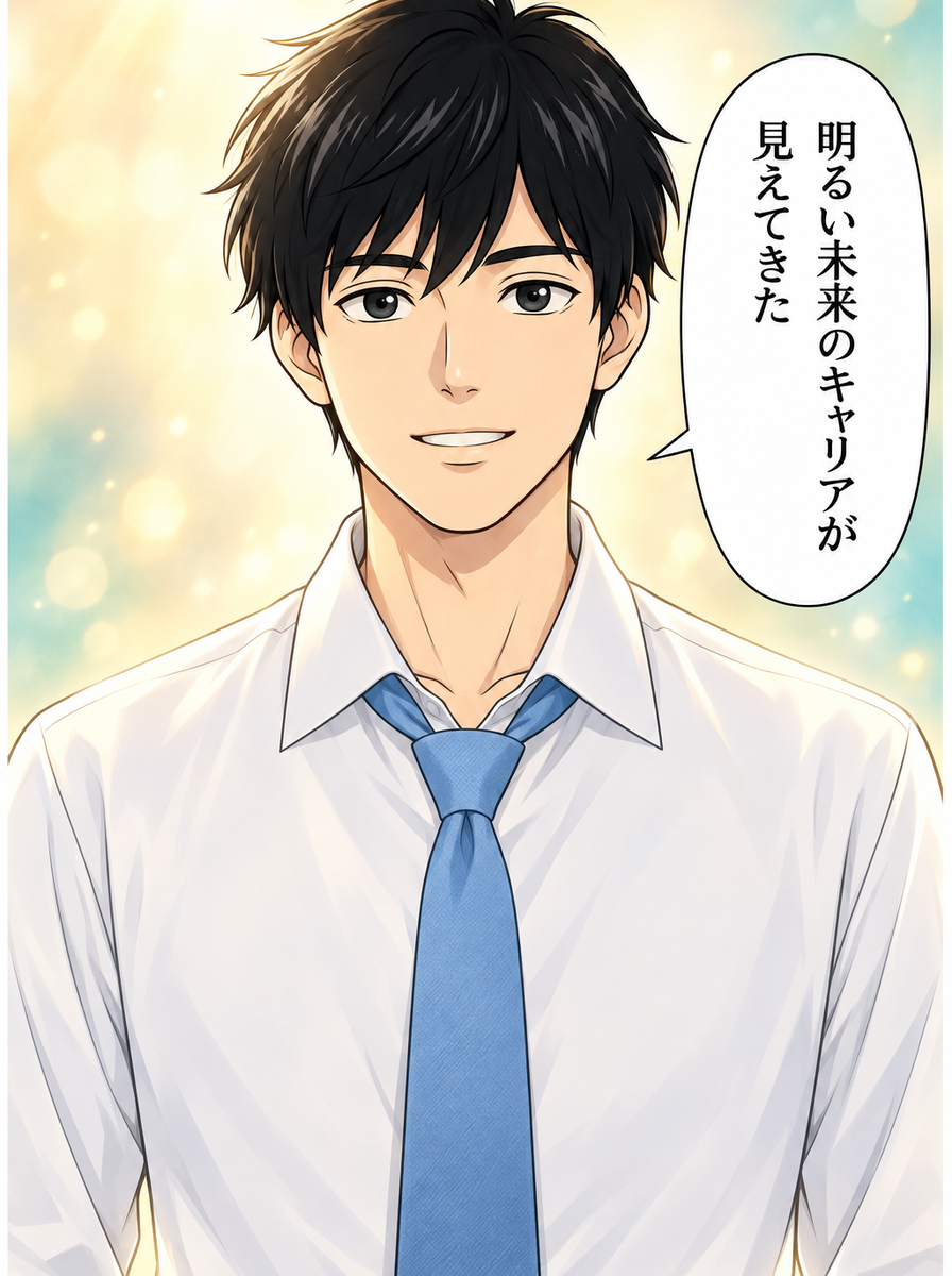 『明るい未来のキャリアが見えてきた』と晴れ晴れとした表情の山田君（コマ4）